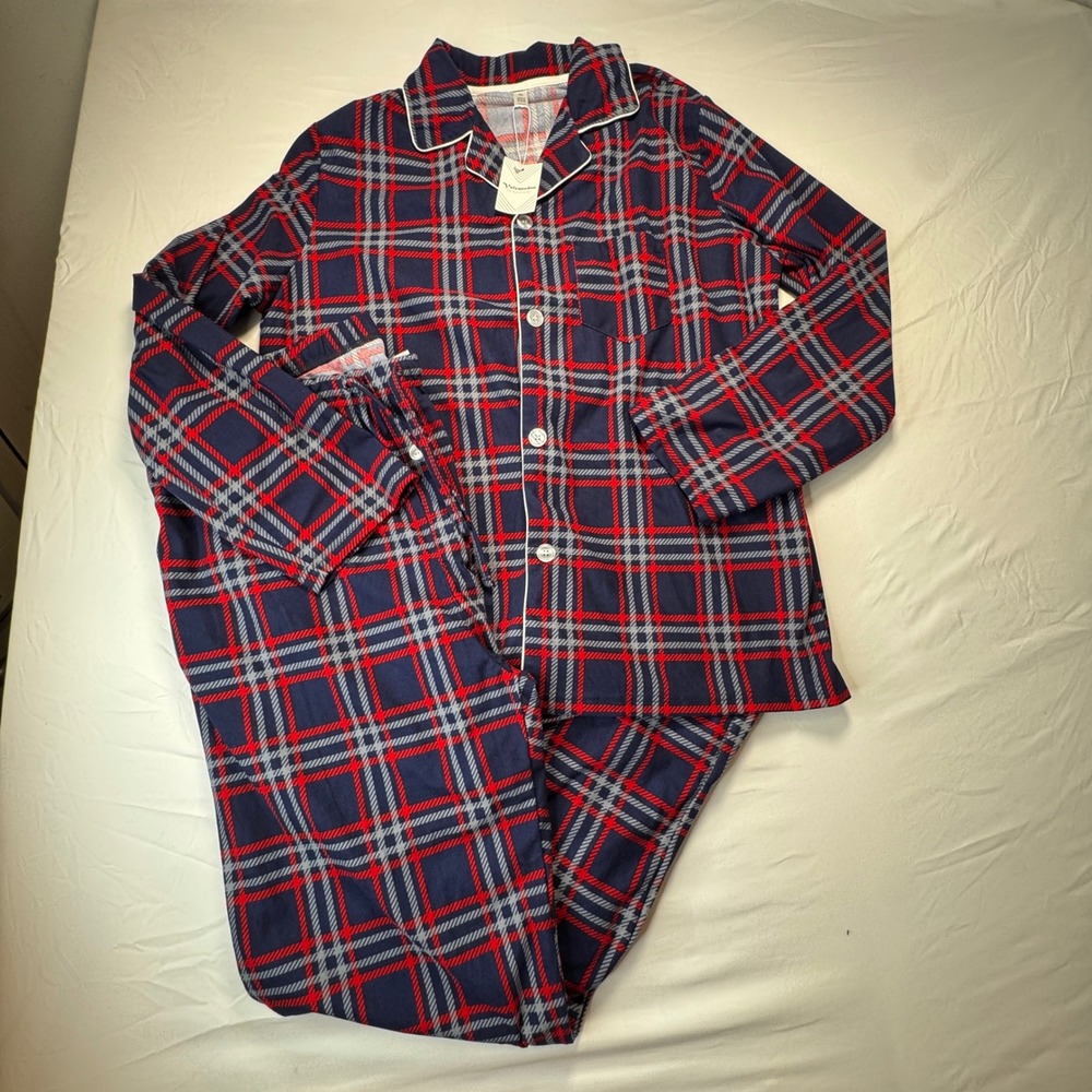 Vulcandon Pajamas Set Womens XL Navy Red Plaid Long Sleeve Button Down 2pc PJs